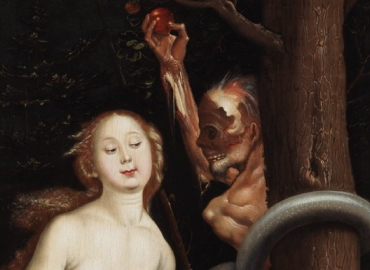 Painting of Eve next to a skinless man dangling an apple above.